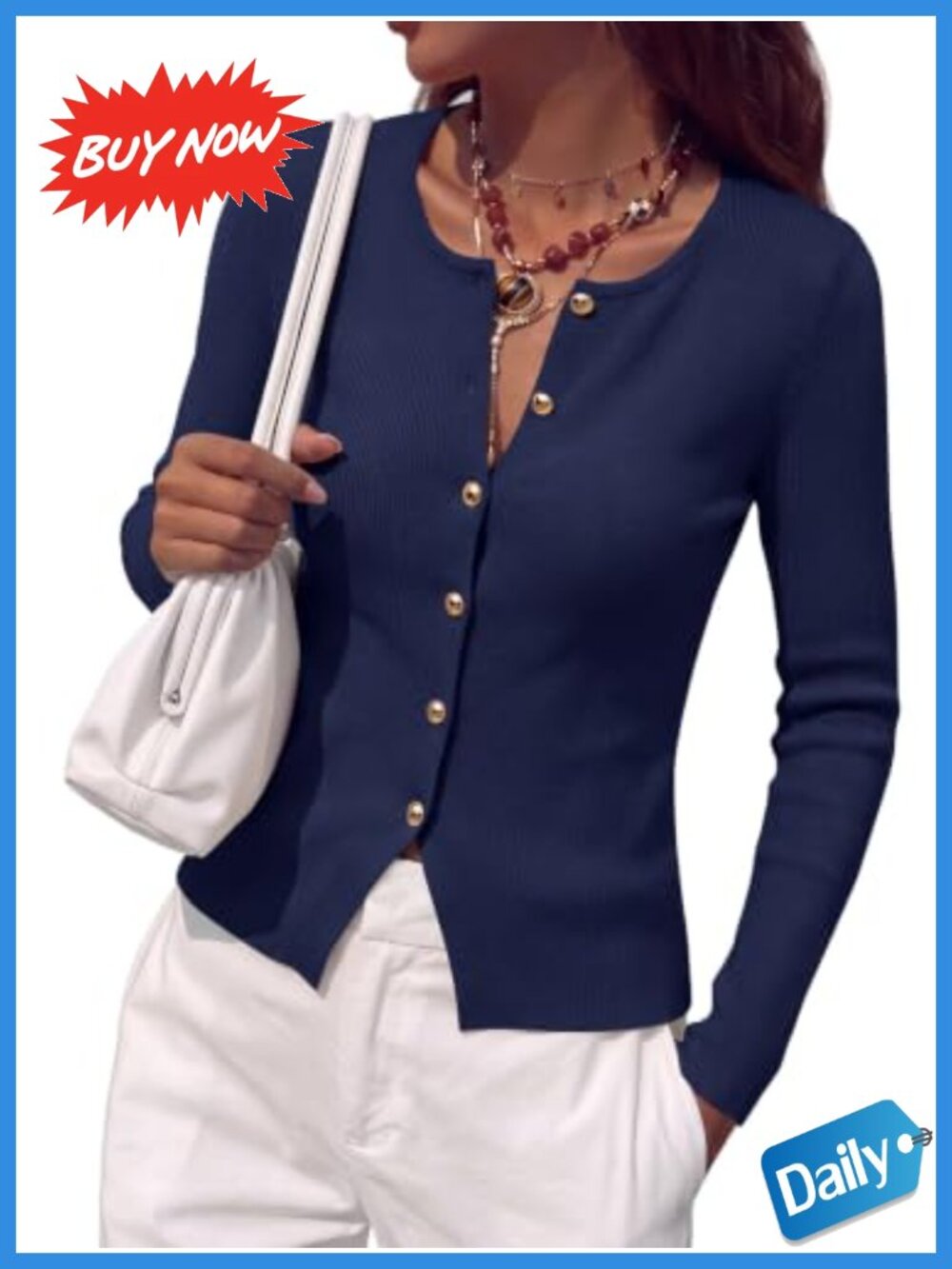 Long Sleeve Button Front Ribbed Knit Cardigan Sweater Slim Fit Crewneck